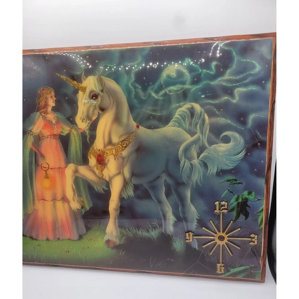 Vintage 1982 Sue Dawe Unicorn Fantasy Art Wood Plaque Glossy Glitter 80s Decor